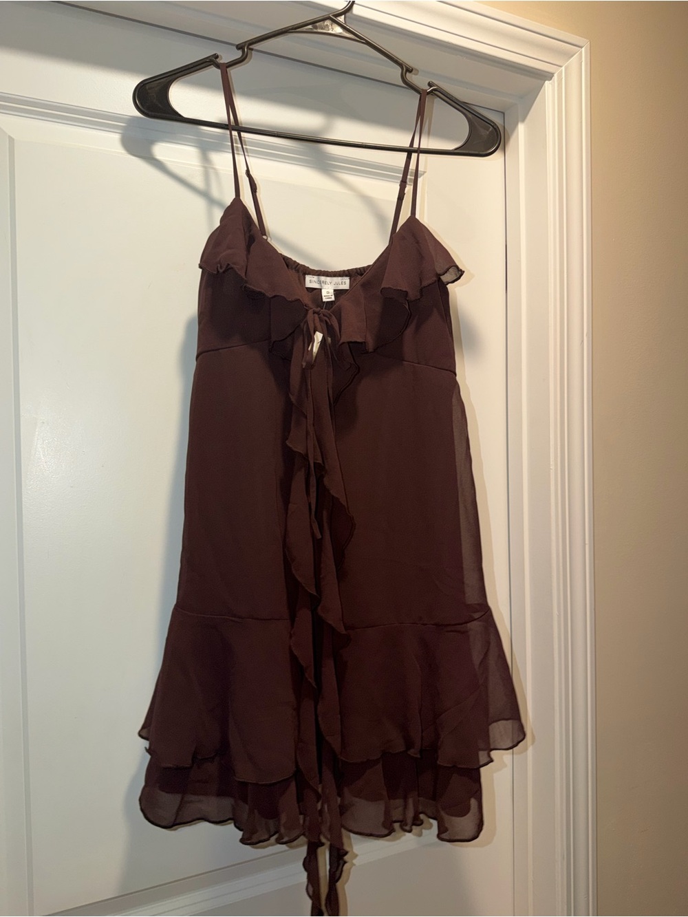Sincerely Jules Brown Ruffle Tie-Front Mini Dress